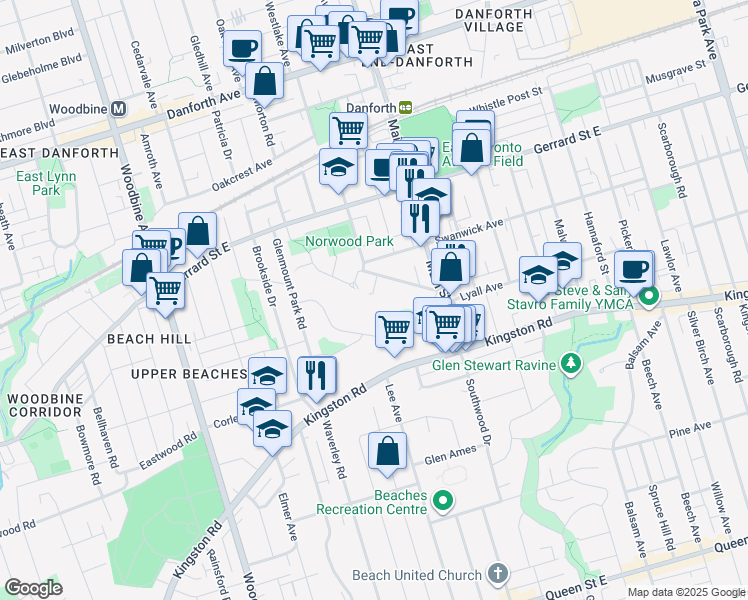 map of restaurants, bars, coffee shops, grocery stores, and more near 47 Benlamond Avenue in Toronto