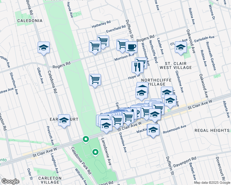 map of restaurants, bars, coffee shops, grocery stores, and more near 117 Earlscourt Avenue in Toronto