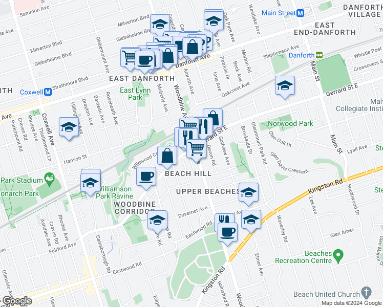 map of restaurants, bars, coffee shops, grocery stores, and more near 1935 Gerrard Street East in Toronto