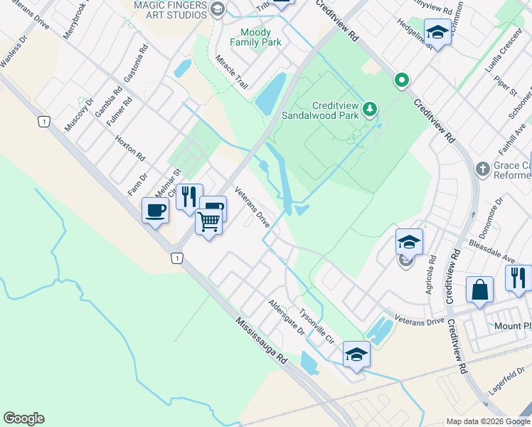 map of restaurants, bars, coffee shops, grocery stores, and more near 37 Battalion Road in Brampton