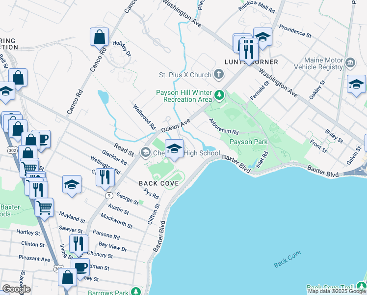 map of restaurants, bars, coffee shops, grocery stores, and more near 23 Back Cove Estates Road in Portland