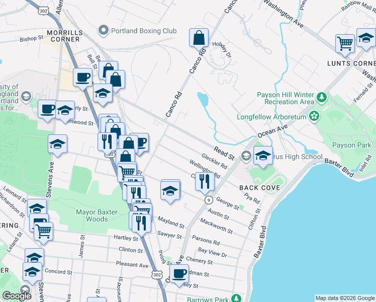 map of restaurants, bars, coffee shops, grocery stores, and more near 69 Wellington Road in Portland