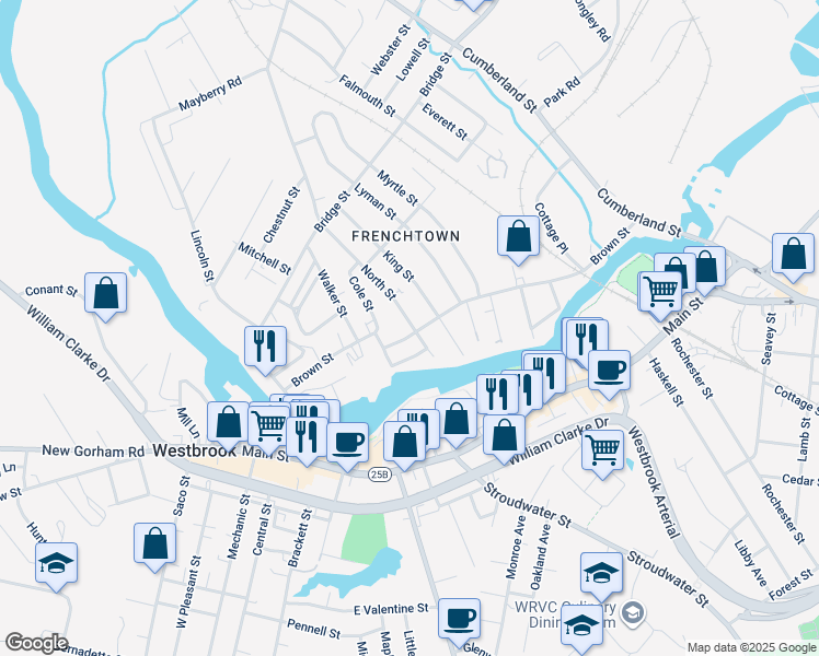 map of restaurants, bars, coffee shops, grocery stores, and more near 21 North Street in Westbrook