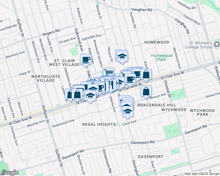 map of restaurants, bars, coffee shops, grocery stores, and more near 914 Saint Clair Avenue West in Toronto