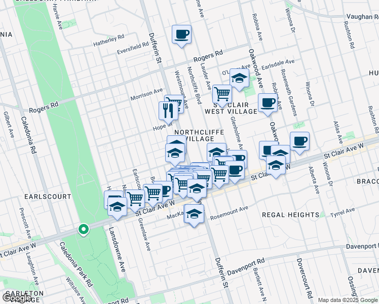 map of restaurants, bars, coffee shops, grocery stores, and more near 1767 Dufferin Street in Toronto