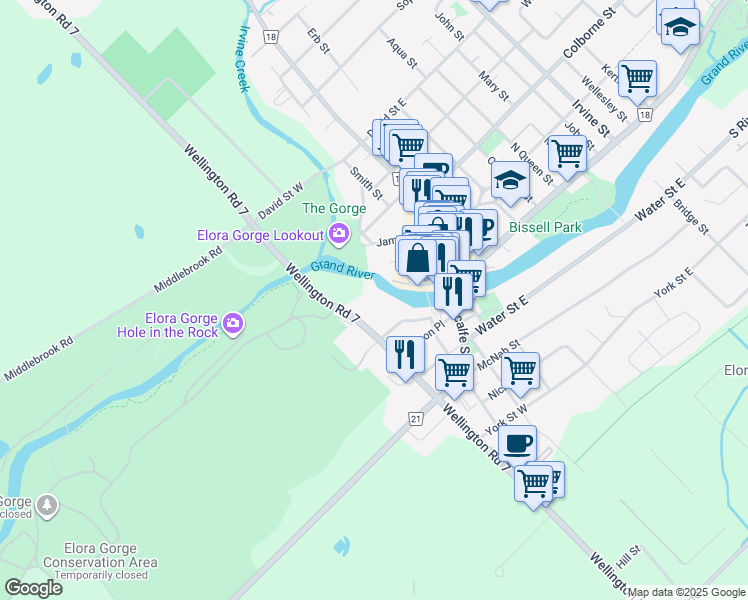 map of restaurants, bars, coffee shops, grocery stores, and more near 6523 Wellington Road 7 in Elora