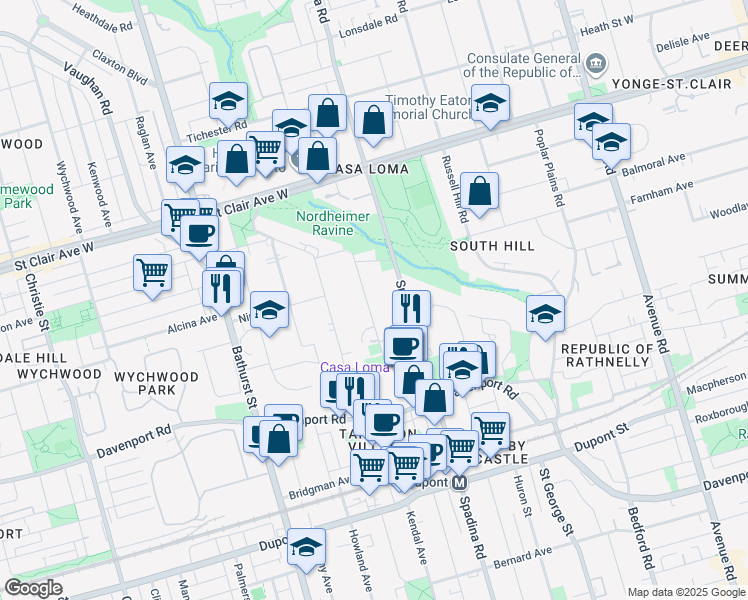 map of restaurants, bars, coffee shops, grocery stores, and more near 347 Walmer Road in Toronto