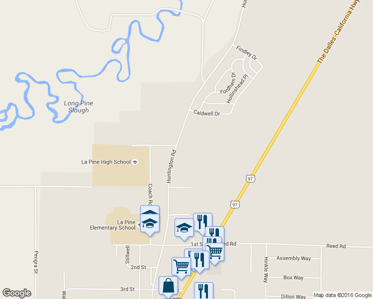 map of restaurants, bars, coffee shops, grocery stores, and more near 51720 Huntington Road in La Pine
