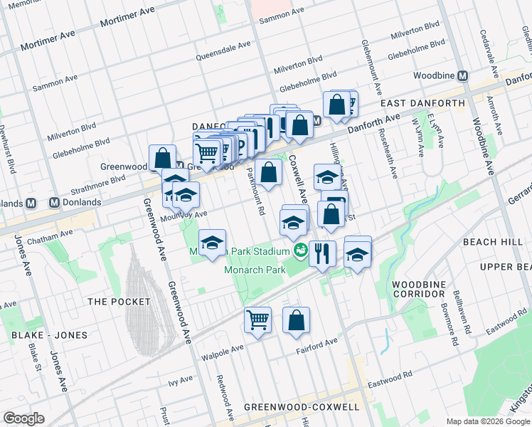 map of restaurants, bars, coffee shops, grocery stores, and more near in Toronto