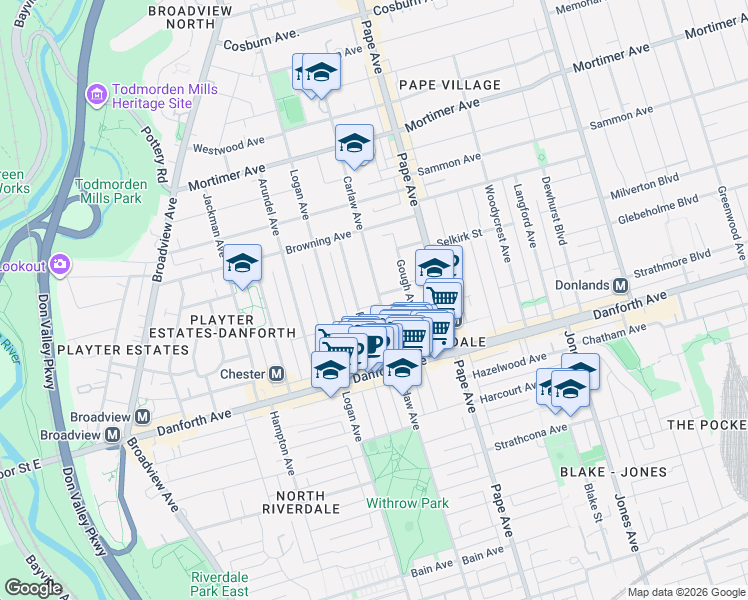 map of restaurants, bars, coffee shops, grocery stores, and more near 850 Carlaw Avenue in Toronto