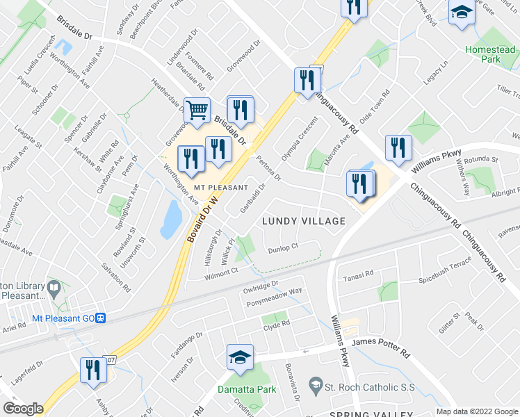map of restaurants, bars, coffee shops, grocery stores, and more near 92 Lake Louise Drive in Brampton
