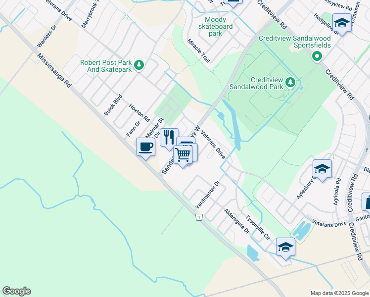 map of restaurants, bars, coffee shops, grocery stores, and more near 100 Dufay Road in Brampton