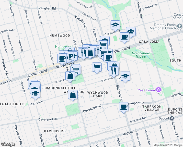 map of restaurants, bars, coffee shops, grocery stores, and more near in Toronto