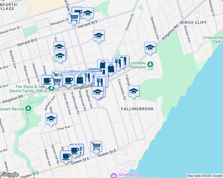 map of restaurants, bars, coffee shops, grocery stores, and more near 168 Blantyre Avenue in Toronto