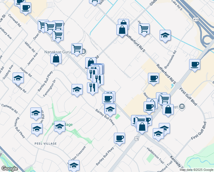map of restaurants, bars, coffee shops, grocery stores, and more near 174 Kennedy Road South in Brampton