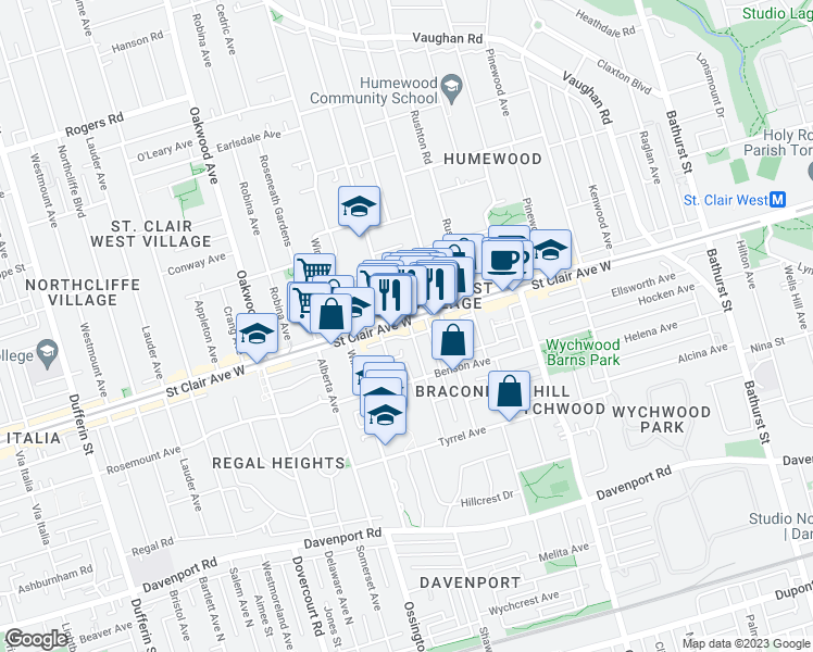 map of restaurants, bars, coffee shops, grocery stores, and more near 102 Greensides Avenue in Toronto