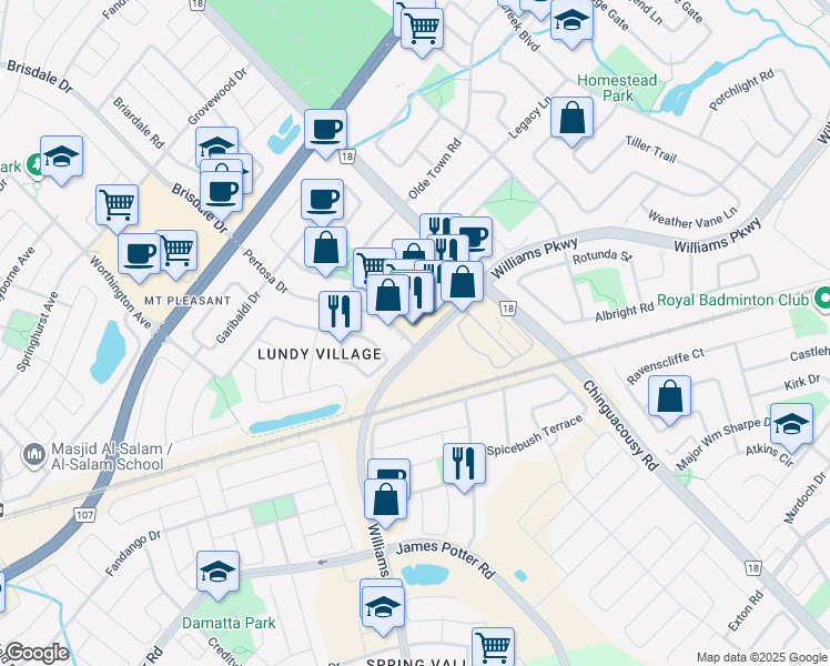map of restaurants, bars, coffee shops, grocery stores, and more near 100 Pertosa Drive in Brampton