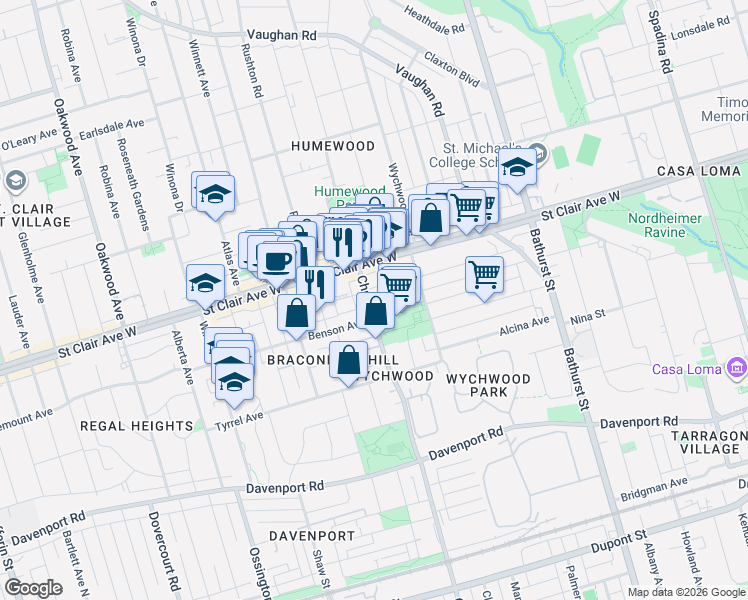 map of restaurants, bars, coffee shops, grocery stores, and more near 627 Christie Street in Toronto