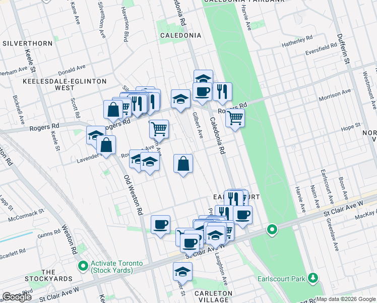 map of restaurants, bars, coffee shops, grocery stores, and more near 247 Prescott Avenue in Toronto