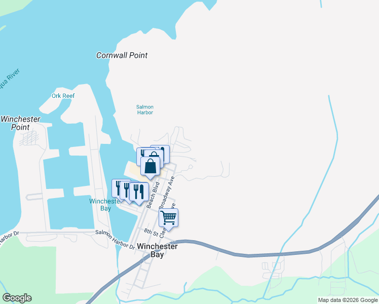 map of restaurants, bars, coffee shops, grocery stores, and more near 390 Broadway Avenue in Winchester Bay