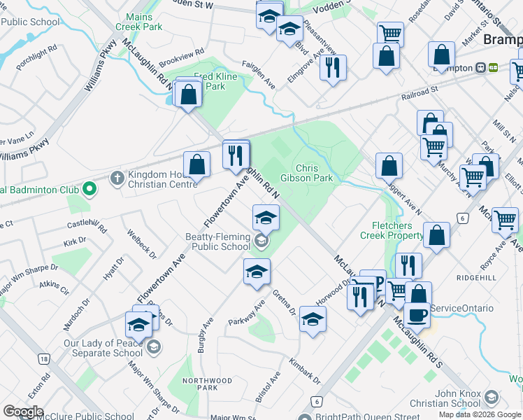 map of restaurants, bars, coffee shops, grocery stores, and more near 4 Fairfield Avenue in Brampton