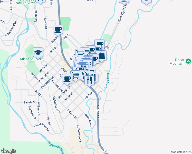 map of restaurants, bars, coffee shops, grocery stores, and more near 120 Leadville Avenue in Ketchum