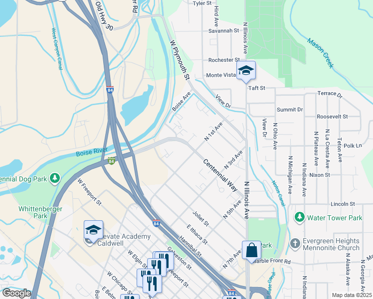 map of restaurants, bars, coffee shops, grocery stores, and more near 1303 North 1st Avenue in Caldwell