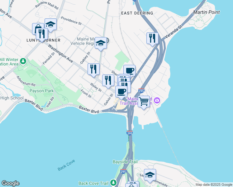 map of restaurants, bars, coffee shops, grocery stores, and more near 13 Bates Street in Portland
