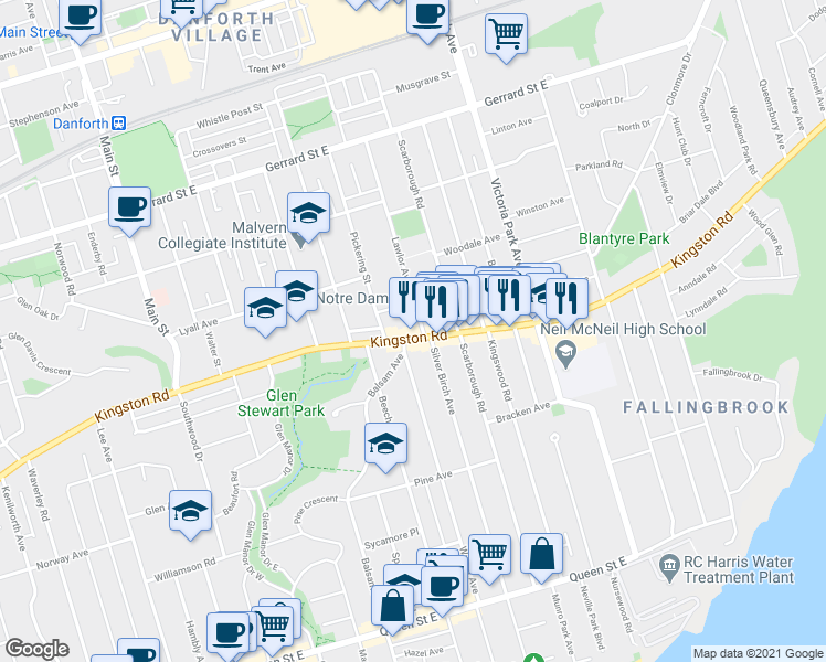 map of restaurants, bars, coffee shops, grocery stores, and more near in Toronto