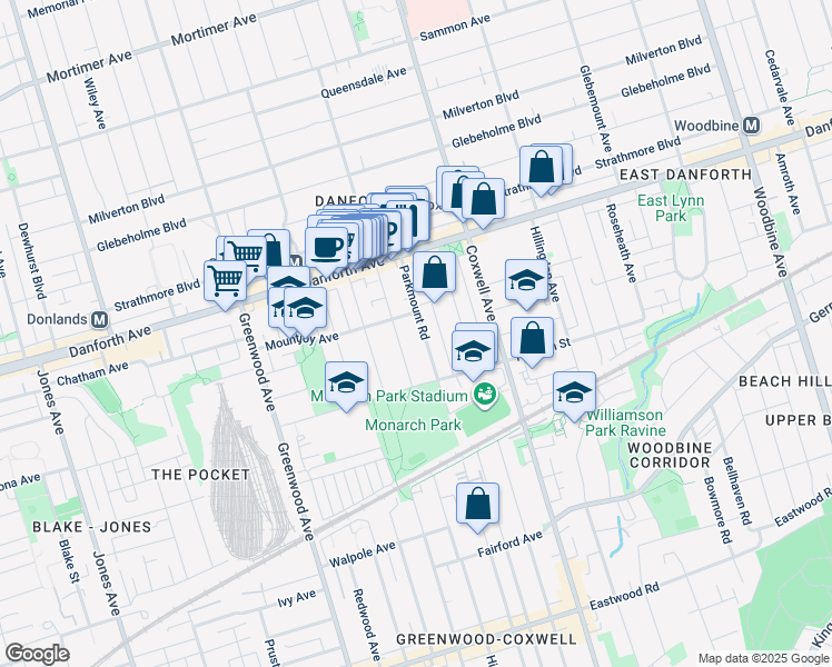 map of restaurants, bars, coffee shops, grocery stores, and more near in Toronto