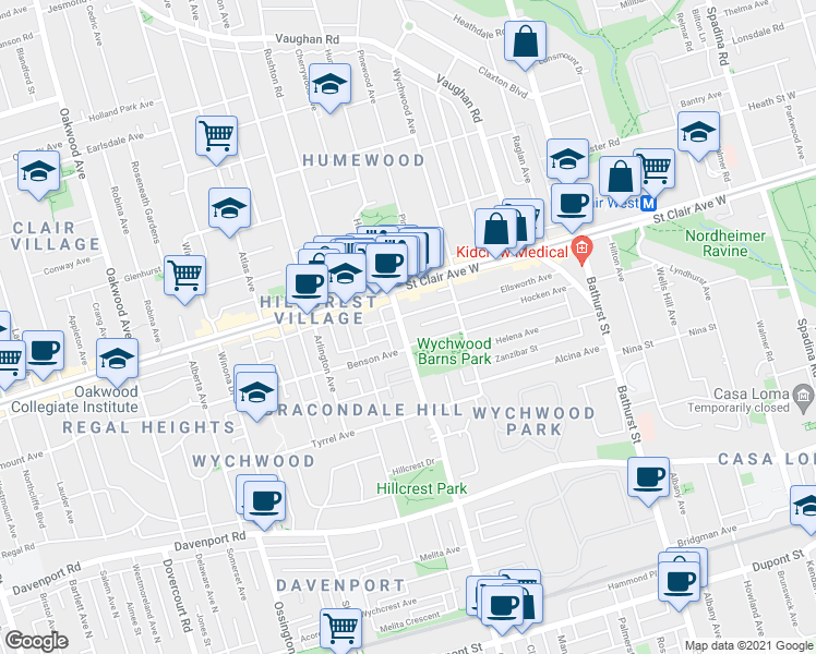 map of restaurants, bars, coffee shops, grocery stores, and more near in Toronto