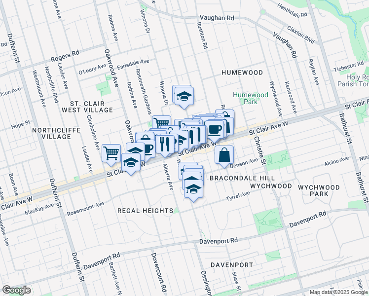 map of restaurants, bars, coffee shops, grocery stores, and more near 873 Saint Clair Avenue West in Toronto
