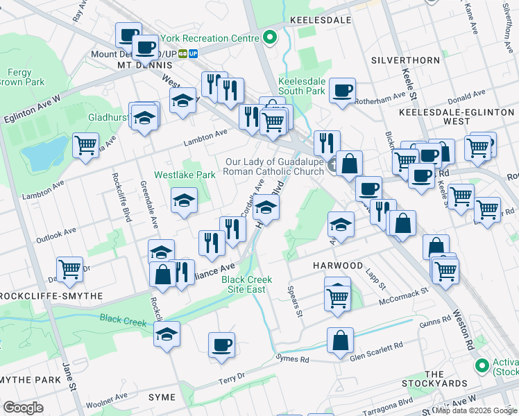 map of restaurants, bars, coffee shops, grocery stores, and more near in Toronto