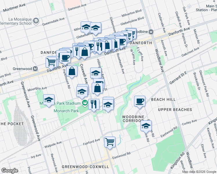 map of restaurants, bars, coffee shops, grocery stores, and more near 132 Hanson Street in Toronto