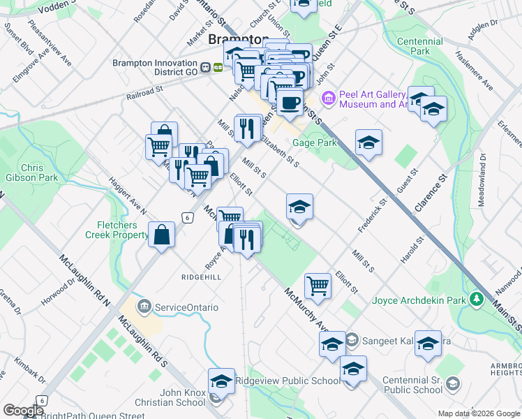 map of restaurants, bars, coffee shops, grocery stores, and more near 41 Elliott Street in Brampton