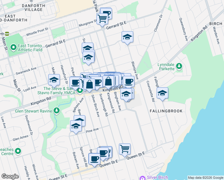 map of restaurants, bars, coffee shops, grocery stores, and more near 1007 Kingston Road in Toronto