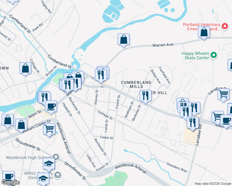 map of restaurants, bars, coffee shops, grocery stores, and more near 366 Main Street in Westbrook