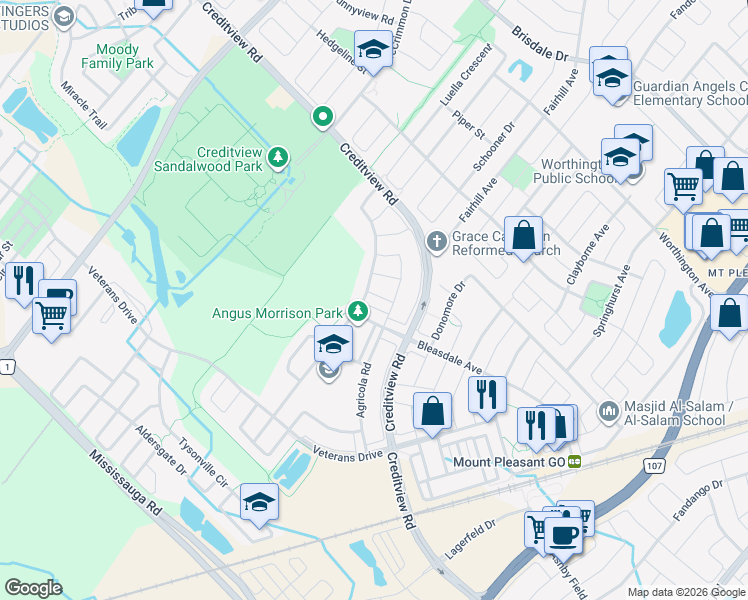 map of restaurants, bars, coffee shops, grocery stores, and more near 129 Bleasdale Avenue in Brampton