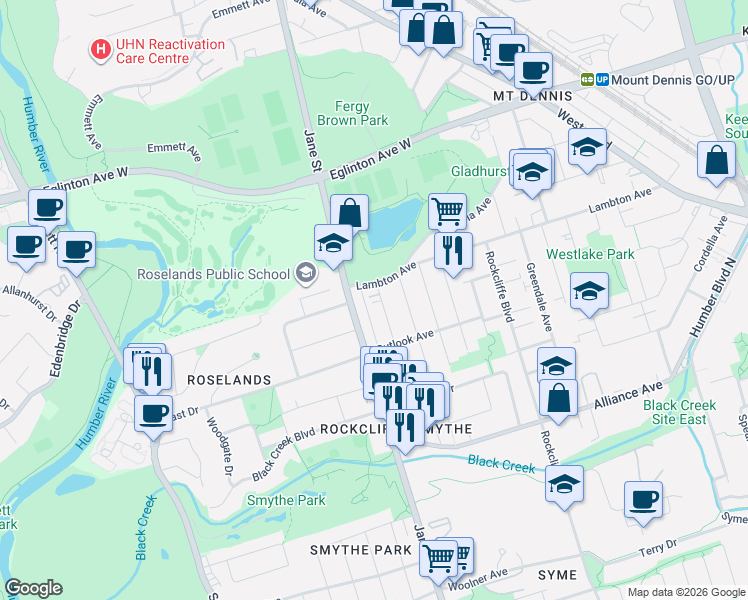 map of restaurants, bars, coffee shops, grocery stores, and more near 108 Grandville Avenue in Toronto