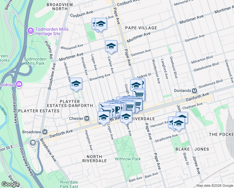 map of restaurants, bars, coffee shops, grocery stores, and more near 856 Carlaw Avenue in Toronto