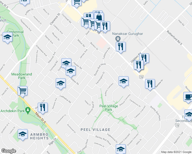 map of restaurants, bars, coffee shops, grocery stores, and more near 233 Bartley Bull Parkway in Brampton