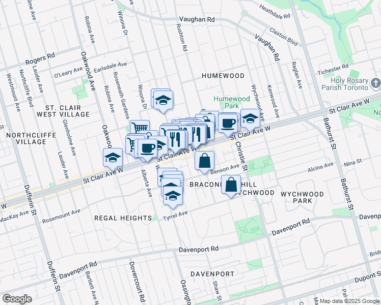 map of restaurants, bars, coffee shops, grocery stores, and more near in Toronto
