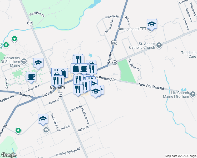 map of restaurants, bars, coffee shops, grocery stores, and more near 7 Pinecone Lane in Gorham