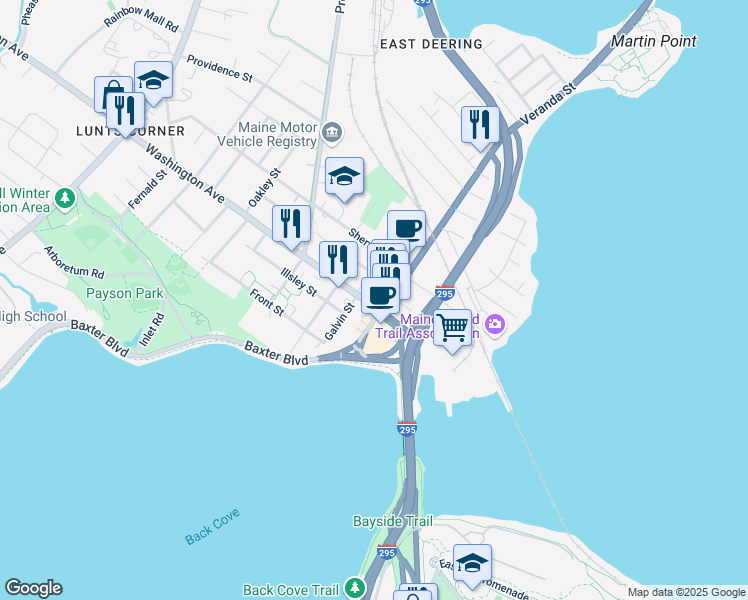 map of restaurants, bars, coffee shops, grocery stores, and more near 13 Bates Street in Portland
