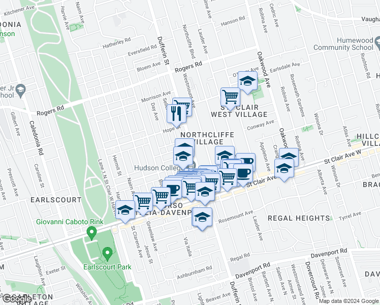 map of restaurants, bars, coffee shops, grocery stores, and more near 1792 Dufferin Street in Toronto