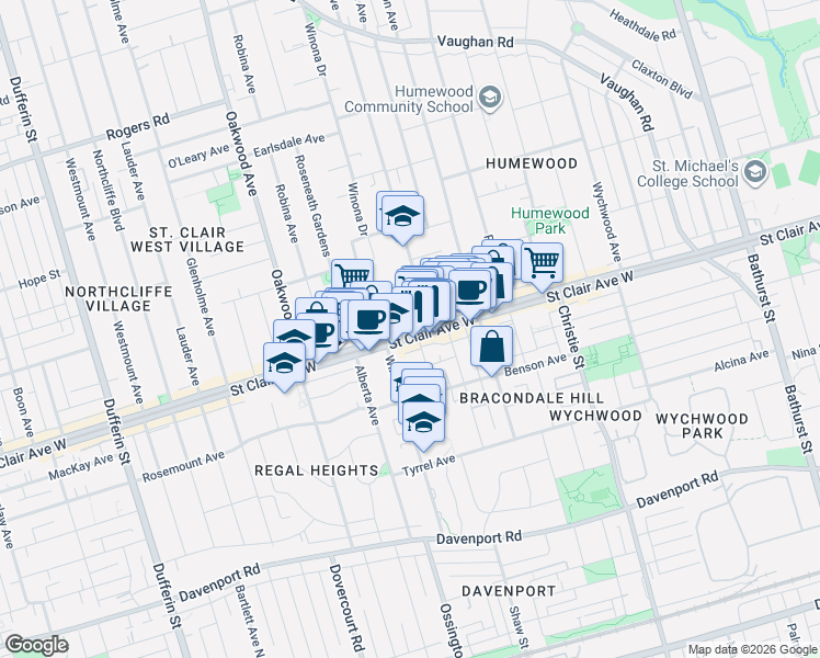 map of restaurants, bars, coffee shops, grocery stores, and more near 840 Saint Clair Avenue West in Toronto