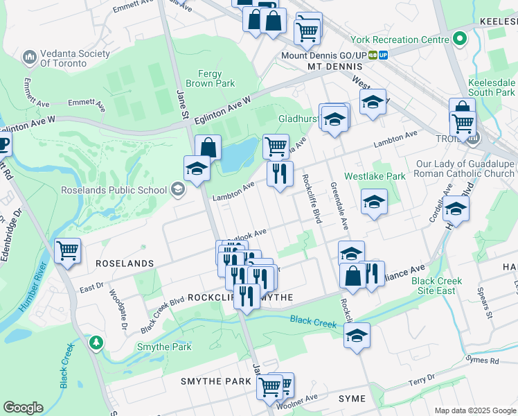 map of restaurants, bars, coffee shops, grocery stores, and more near in Toronto