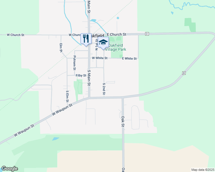 map of restaurants, bars, coffee shops, grocery stores, and more near 289 South 2nd Street in Oakfield