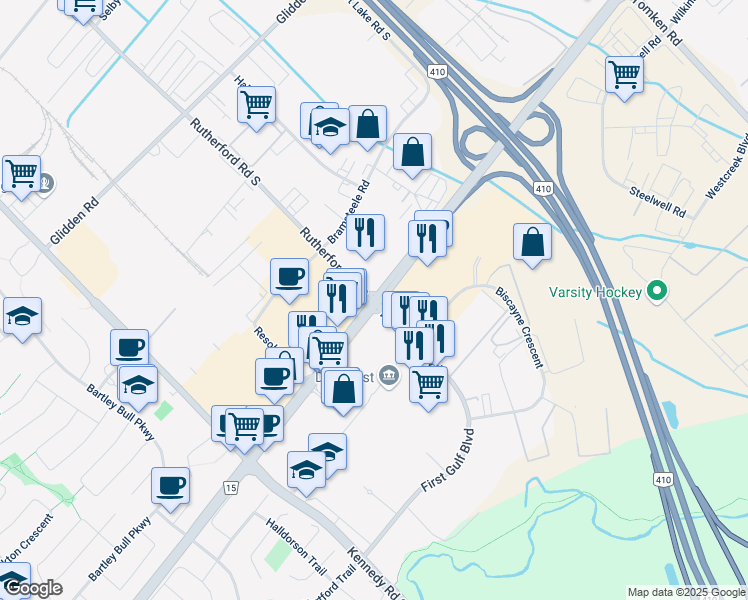 map of restaurants, bars, coffee shops, grocery stores, and more near Steeles Ave E & Rutherford Rd S in Brampton