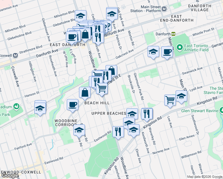 map of restaurants, bars, coffee shops, grocery stores, and more near 45 Devon Road in Toronto